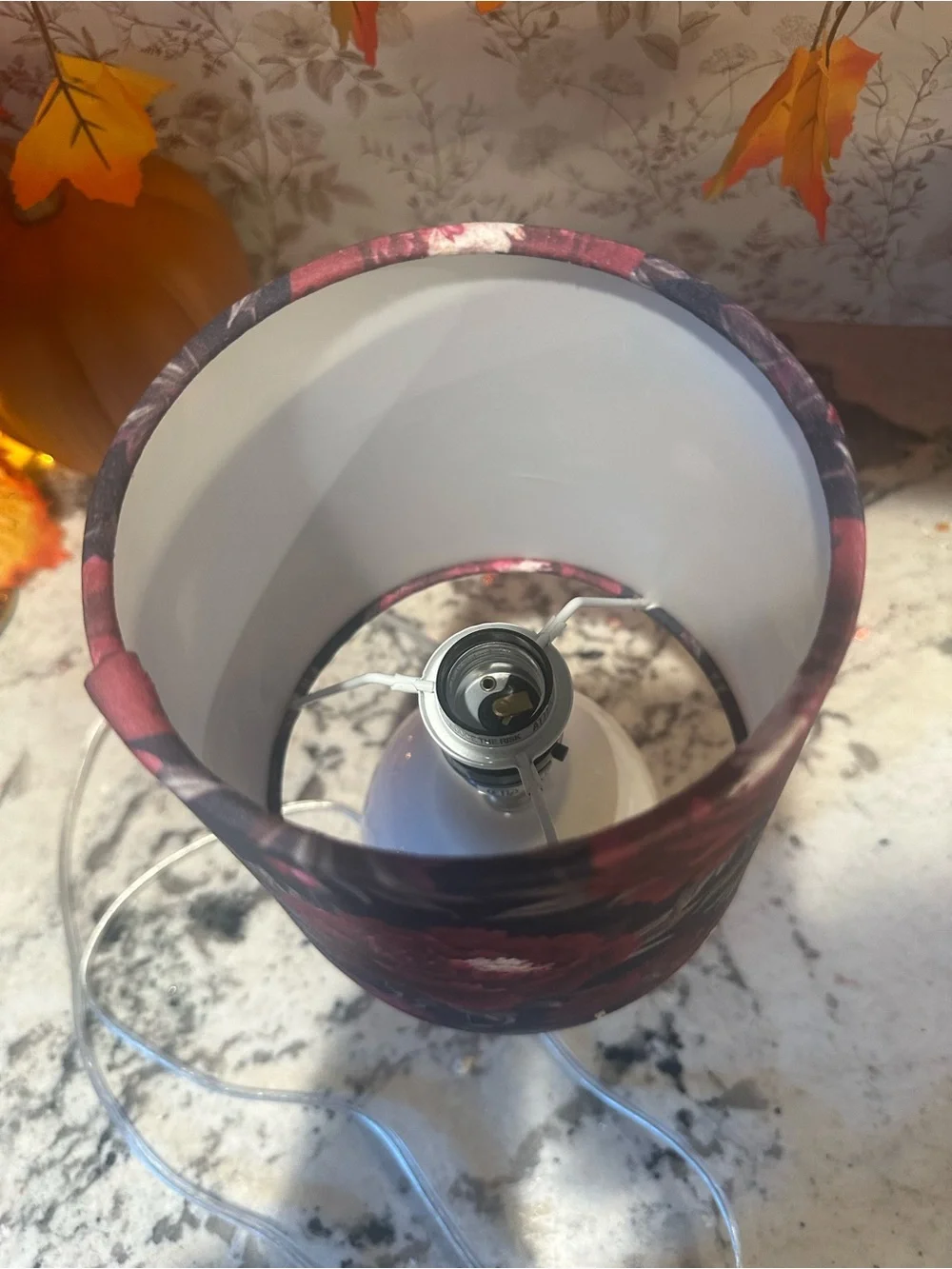 White Ceramic Table Lamp with Red Floral Shade - Unbranded
